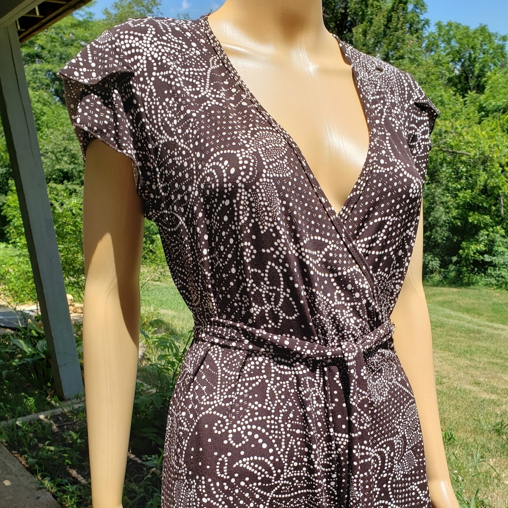 Womens Medium Brown Floral Polka Dot Wrap Dress V-Neck Stretch Suzie In The City